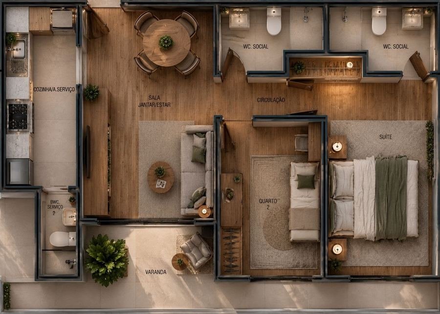 Planta humanizada do apartamento de 2 quartos