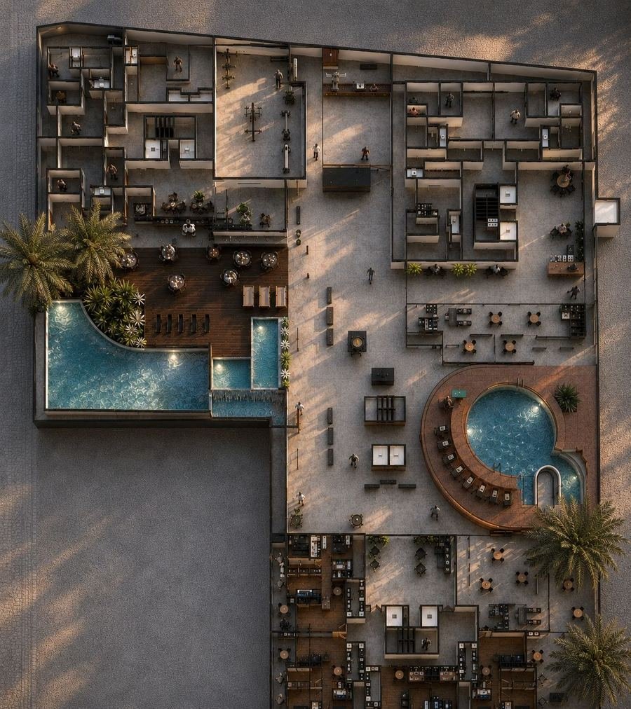 Planta do deck de lazer com piscinas